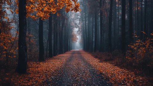 Autumn Forest Avenue Path Through Tall Trees.