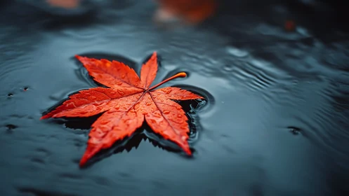 Red maple leaf with raindrops floating on dark water surface.