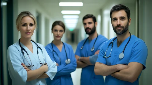 Confident corridor med team standing guard between heartbeats.