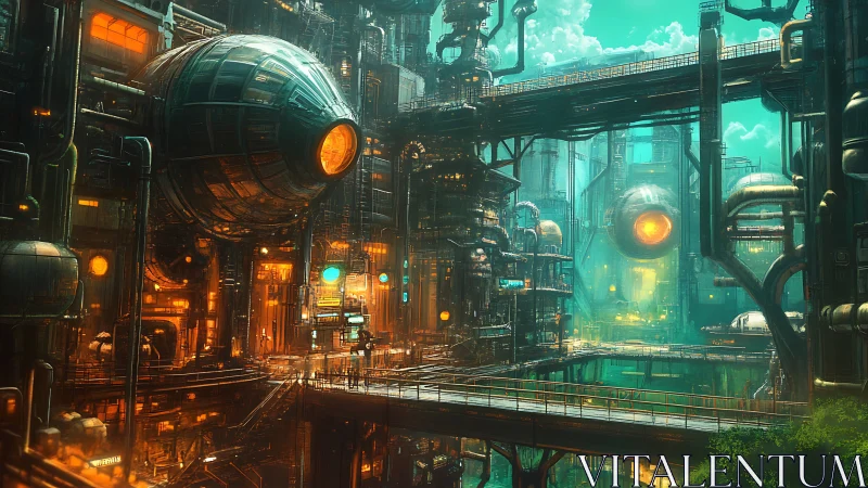 Neon foundry of floating orbs above a turquoise abyss.