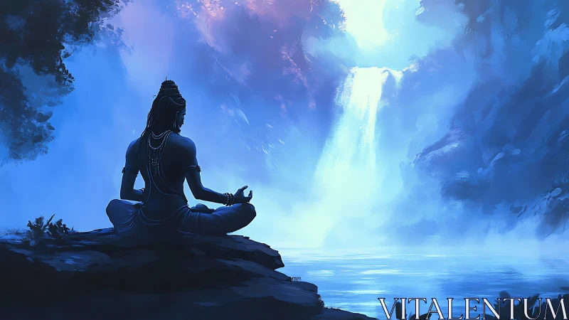 Silhouetted seated figure observes illuminated waterfall basin