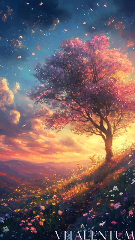 Twilight blossoms glow softly around a lone dreamer tree