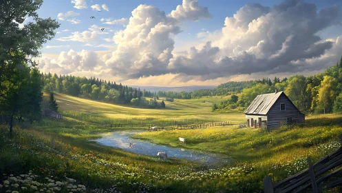 Sunlit rural meadow with pond, wooden cabin and volumetric clouds