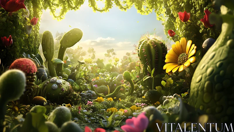 Sunlit fantastical garden with stylized flora and lush foliage