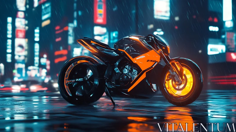 Neon storm motorcycle hums through rain glazed future streets