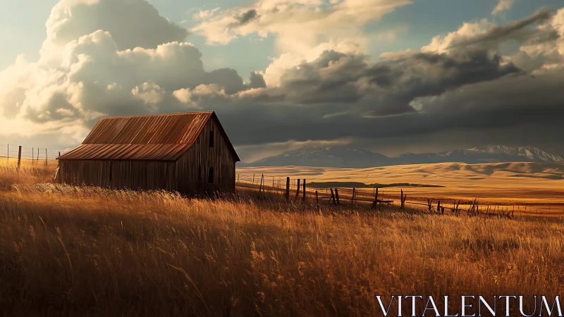 Sunlit country barn resting under soft drifting clouds.