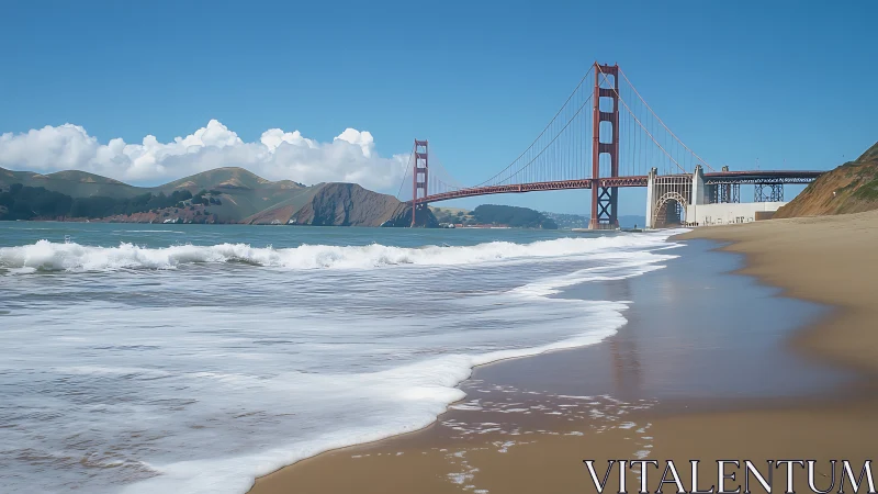 Golden Gate Bridge viewed from quiet sandy shoreline.