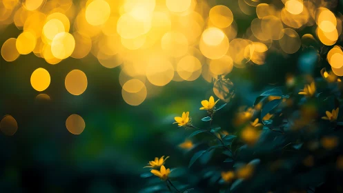 Yellow flowers in soft focus with glowing golden bokeh.