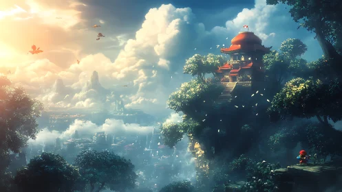 Floating pagoda citadel above misty valley at sunrise.