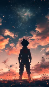 Silhouetted anime hero beneath blazing nebula sky at dusk.