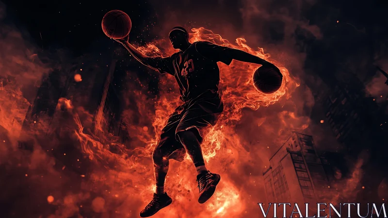 Flaming streetball legend leaping through a storm of fire.