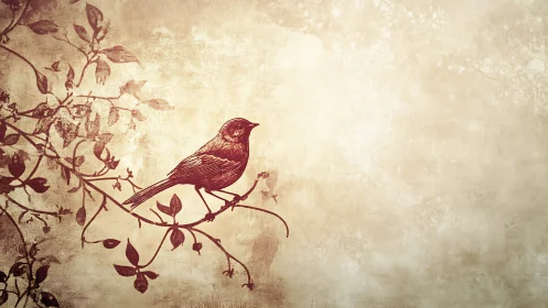 Quiet songbird rests on a leafy branch in warm sepia tones