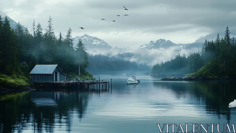 Solitary Boathouse Dreams: Mountain Mist & Mirrored Waters.