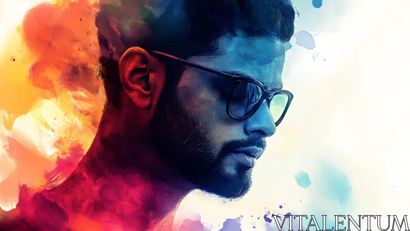 Profile portrait of man in glasses with vivid color wash