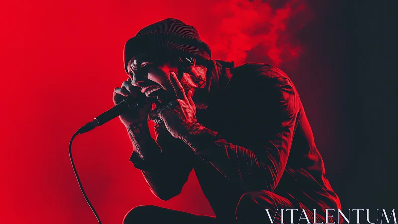 Intense red lit vocalist screaming into stage microphone.