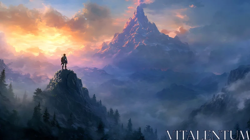 Lone adventurer surveying a misty, sunrise-lit peakscape.