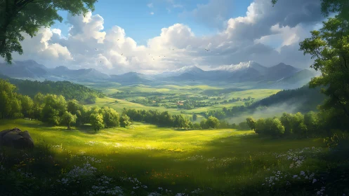 Sunlit valley meadow opens toward misty distant mountains