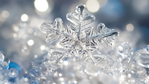 Crystal snowflake rests in sparkling frozen bokeh light.