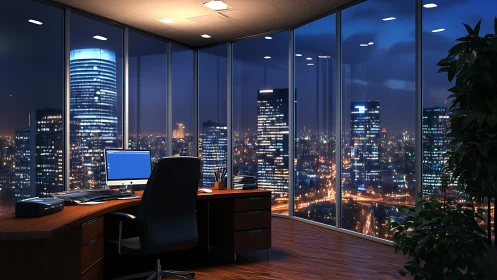 Stunning High-Rise Office with Glittering City Views at Night