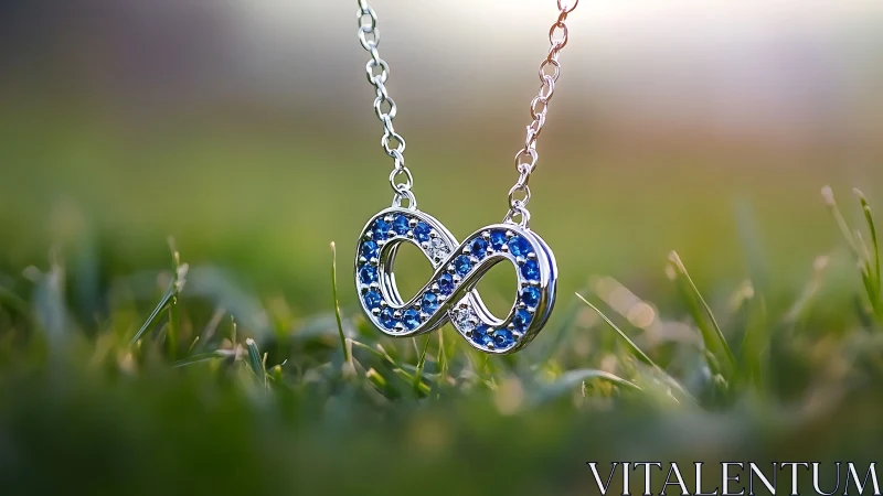 Blue crystal infinity pendant rests over soft grass field.