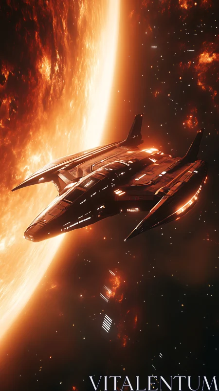 Sleek starship glides past burning sun in deep space.