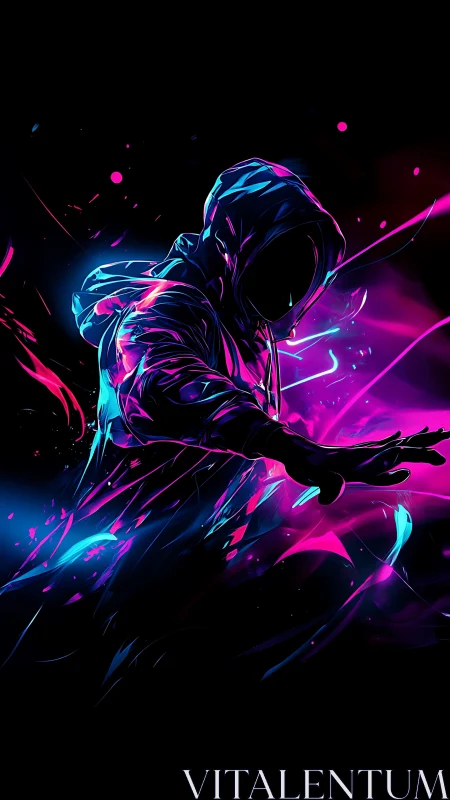 Neon hooded figure commands swirling cyber energy waves.