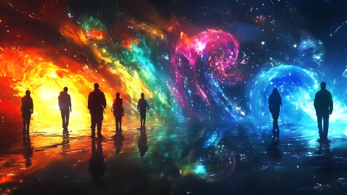 Silhouetted travelers walk beneath swirling cosmic auroras.