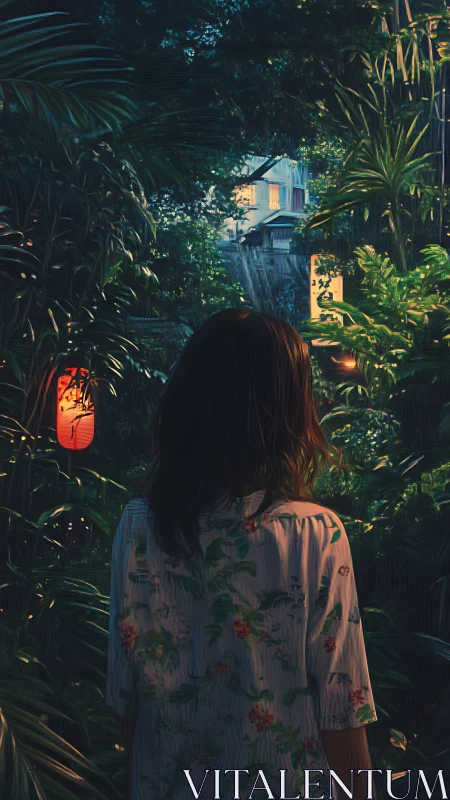 Woman in floral shirt facing lantern-lit jungle house.