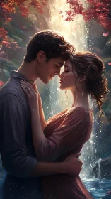 Digital Portrait Rendering Two Figures in Intimate Embrace Within Atmospheric Forest Setting