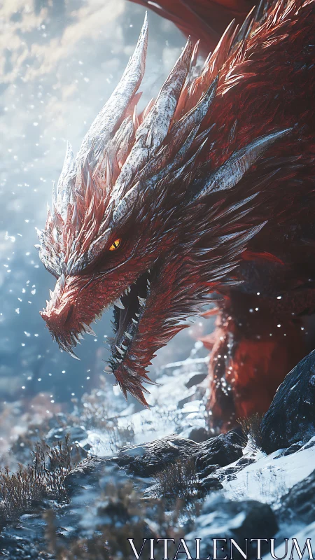 Crimson frost dragon advances through alpine blizzard in profile