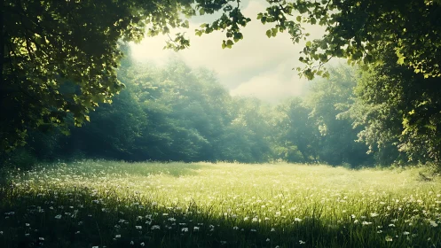 Sunlit meadow hush beneath a crown of whispering trees.