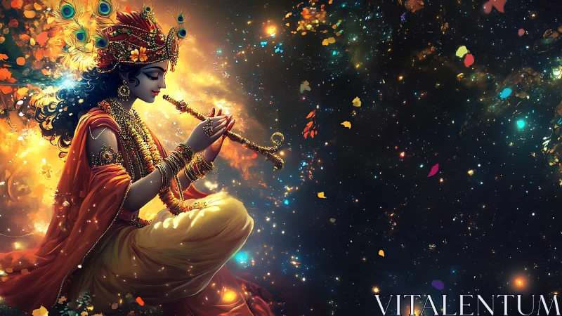 Celestial musician in a swirling universe of golden light.