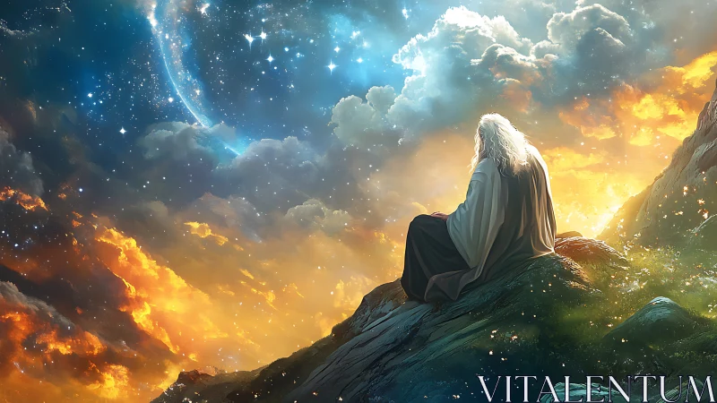 Elder of the cosmos brooding above a blazing newborn sky.