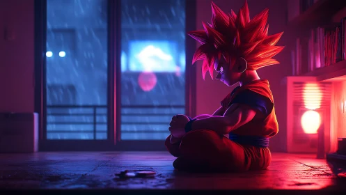 Quiet rainy-night reflection with a thoughtful anime hero.