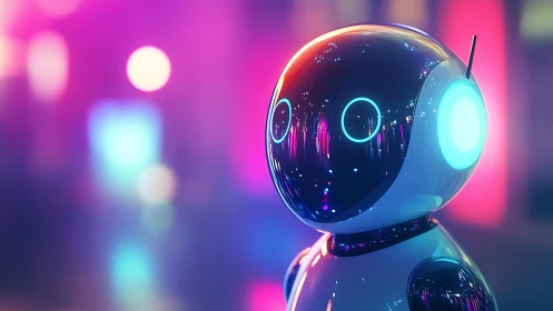 Playful neon robot gazes into a glowing futuristic cityscape