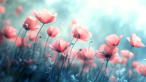 Pink poppies drift through soft turquoise light