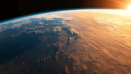 Low Earth orbit sunrise over cloud deck with limb scattering