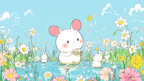 Kawaii animal trio gathers flowers in a luminous spring pond