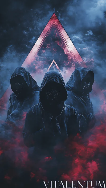 Hooded figures emerge beneath a glowing crimson triangle veil
