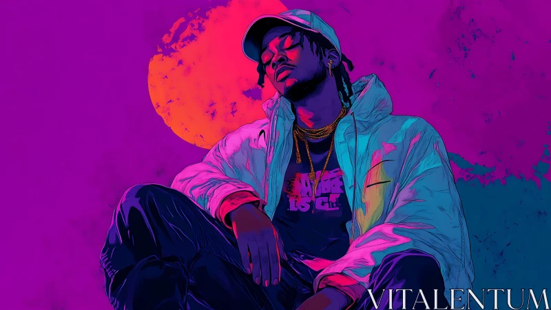 Neon streetwear portrait glows against vibrant sunset sphere