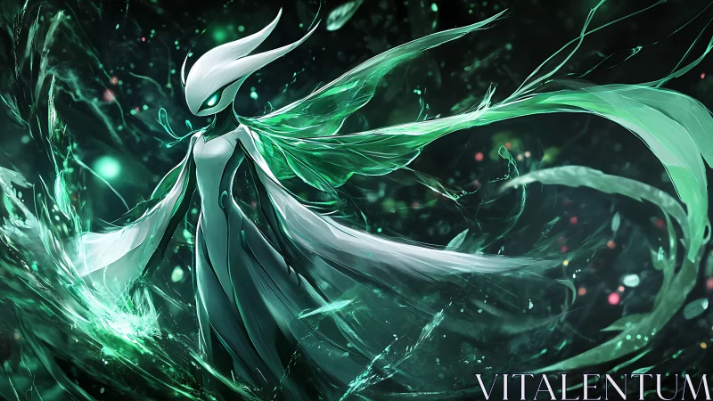 Ethereal humanoid entity commands luminous emerald energy field