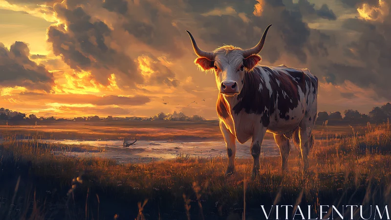 Horned cow in wet meadow under dramatic sunset sky.