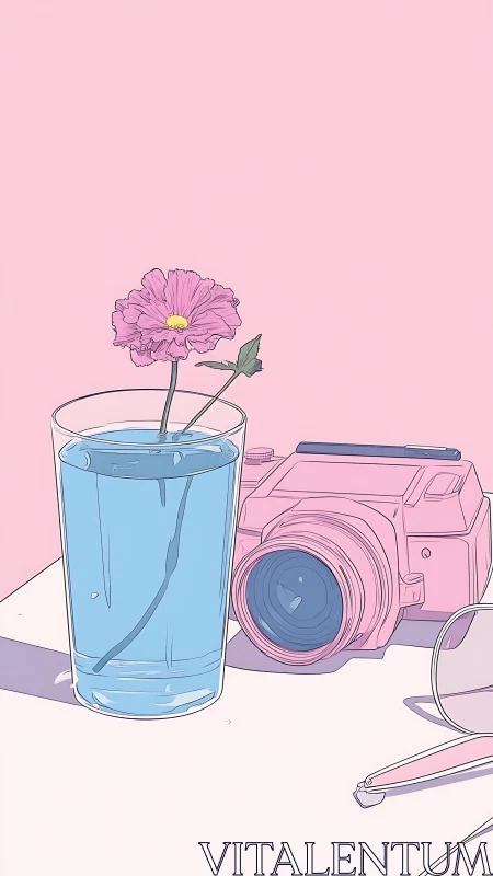 Soft pink daydream with flower, camera, and quiet light.