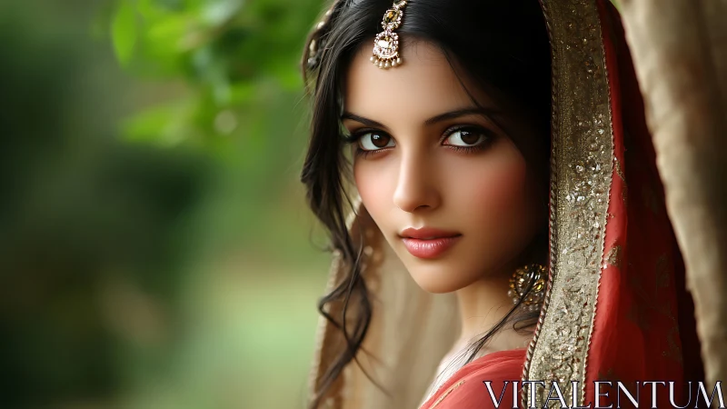 Portrait of woman in ornate dupatta with soft greenery.