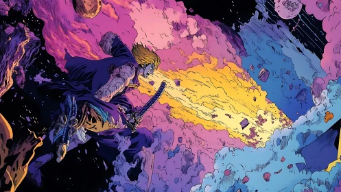 Samurai warrior traverses cosmic nebulae in dynamic comic spread