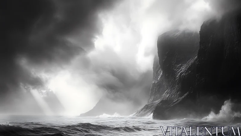 Monochrome coastal cliffs under dramatic storm light shafts