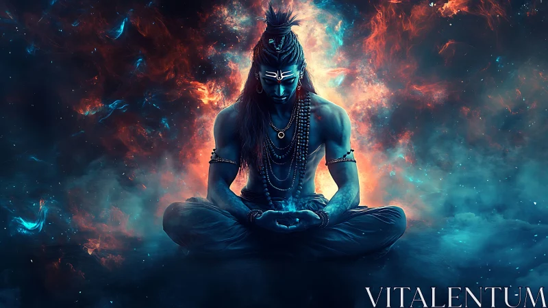 Digital painting of meditative deity in nebular energy field.