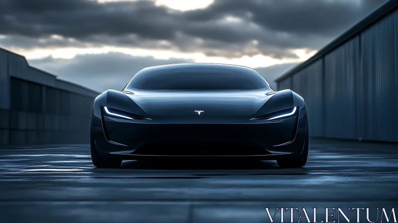 Electric supercar front view under dramatic dusk sky.