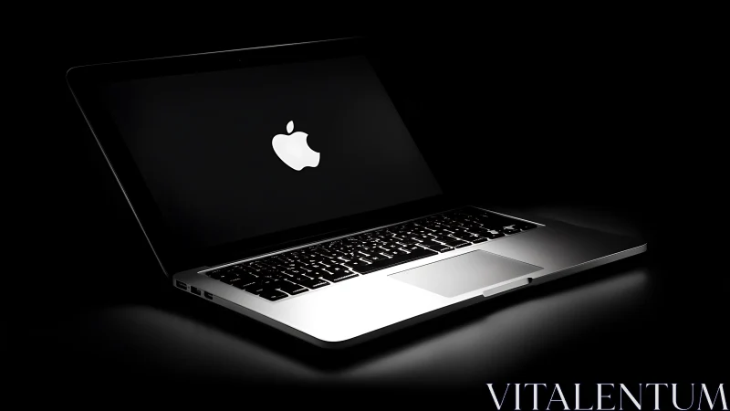 Open silver laptop on black background with logo displayed.