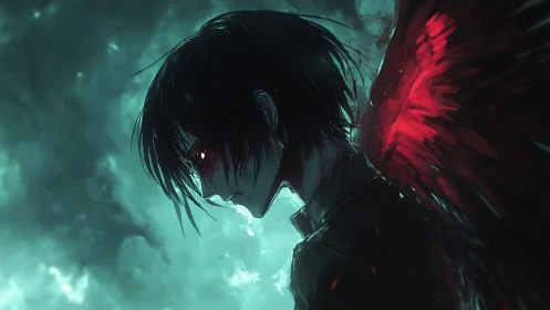 Brooding dark angel with crimson wings in stormlight.